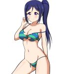  1girl arm_behind_back bangs bare_shoulders bikini blue_hair blush breasts closed_mouth collarbone commentary dot_nose english_commentary groin hand_up high_ponytail highres horizontal_stripes large_breasts light_smile long_hair looking_to_the_side love_live! love_live!_sunshine!! matsuura_kanan mnkr98 navel purple_eyes shiny shiny_skin simple_background solo strap_slip striped swimsuit thighs white_background 
