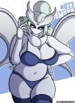  2021 5_fingers anthro anthrofied big_breasts bra breasts cellphone cleavage clothed clothing digital_media_(artwork) female fingers frosmoth hair hi_res holding_cellphone holding_object holding_phone holding_smartphone humanoid_hands legwear looking_at_object looking_at_phone mouthless nintendo noseless panties phone pok&eacute;mon pok&eacute;mon_(species) pok&eacute;morph sketchybug smartphone solo text underwear url video_games white_body white_hair wings 