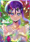 1girl amazing_travel_dna bangs birthday blue_hair bracelet breasts character_name collarbone commentary earrings english_text gloves hair_ornament happy_birthday hat jewelry looking_at_viewer love_live! love_live!_sunshine!! low_ponytail matsuura_kanan medium_breasts ponytail portrait purple_eyes see-through single_earring single_sidelock smile solo upper_body white_gloves x-shaped_pupils yaa-kun 