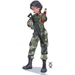  1girl assault_rifle black_skin bottle camouflage colored_skin gun highres indonesia military military_jacket military_uniform ostwindprojekt pindad_ss2 rifle short_hair smile soldier tea uniform weapon 