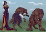  animal_humanoid anthro brown_body brown_fur canid canid_humanoid canine canine_humanoid canis clothing dress female feral fur human humanoid mammal mammal_humanoid solo transformation were wereanthro werecanid werecanine wereferal werewolf werwolf wolf wolf_humanoid zhekathewolf ztw2022 