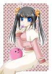  1girl :3 acolyte_(ragnarok_online) bangs black_hair blue_eyes blush border breasts capelet checkered_background closed_mouth commentary_request cowlick eyebrows_visible_through_hair feet_out_of_frame flower furukawa_lemon holding holding_flower long_hair long_sleeves looking_at_viewer medium_breasts outside_border pink_flower pink_shirt poring ragnarok_online shirt skirt slime_(creature) twintails white_border white_capelet white_skirt 
