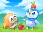  apple applin blue_eyes brown_hair closed_mouth cloud commentary_request day food fruit grass highres looking_up no_humans on_head open_mouth outdoors piplup pokemon pokemon_(creature) pokemon_on_head rowlet sky toneko tongue 
