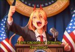  +_+ 1girl american_flag black_jacket blonde_hair breasts chainsaw_man clenched_hand demon_girl demon_horns formal horns jacket khyle. long_hair microphone necktie open_mouth podium power_(chainsaw_man) red_eyes red_horns red_necktie sharp_teeth shirt subtitled teeth television upper_body white_shirt 