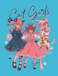  3girls :3 animal_ear_fluff animal_ears barefoot bell black_bow black_footwear black_ribbon blue_background blush bow braid brown_eyes brown_hair calico cat_ears chen choker claw_pose coin dotted_background dress earrings extra_ears floating_skull floral_print ghost gold_coin goutokuji_mike green_dress green_headwear highres hitodama jewelry kaenbyou_rin leg_ribbon mary_janes multicolored_hair multiple_girls neck_bell open_mouth patches patchwork_clothes paw_pose paw_print puffy_short_sleeves puffy_sleeves red_dress red_eyes red_hair ribbon shoes short_hair short_sleeves signature simple_background single_earring skull smile touhou towne twin_braids white_bow 