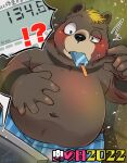  2022 anthro belly black_nose blush clothing eating hi_res humanoid_hands kemono male mammal navel overweight overweight_male solo tiri_mama underwear ursid 