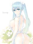 1girl :d anationkgt apron aqua_eyes ass bangs bare_arms bare_back bare_shoulders bottomless breasts commentary_request cowboy_shot eyelashes flower frilled_apron frills hair_ribbon hatsune_miku jewelry large_breasts lips long_hair looking_at_viewer looking_back naked_apron no_bra no_panties open_mouth parted_bangs plant ribbon ring sideboob signature simple_background smile solo teeth tied_hair twintails vocaloid wedding_ring white_apron white_background white_flower white_ribbon 