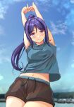  1girl bangs birthday blush breasts cloud cloudy_sky commentary_request eyebrows_visible_through_hair fushimi_asuha high_ponytail highres long_hair looking_at_viewer love_live! love_live!_sunshine!! matsuura_kanan medium_breasts navel ponytail purple_eyes purple_hair shiny shiny_hair short_shorts shorts sidelocks sky smile solo stretch 