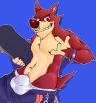  2022 5_fingers abs absurd_res anthro athletic athletic_anthro athletic_male atlus balls_outline biceps big_bulge blue_background bottomwear brown_nose bulge canid canine canis clothed clothing countershade_fur countershade_torso countershading decker digital_media_(artwork) eyebrows facial_piercing fingers fleshformomo fur genital_outline gesture go!_go!_hypergrind hi_res ily_sign male mammal multicolored_body multicolored_fur navel nose_piercing nose_ring pants pecs piercing pinup pose red_body red_eyes red_fur sheath_outline simple_background skateboard smile solo tan_body tan_countershading tan_fur teeth topless two_tone_body two_tone_fur underwear video_games wolf 