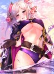  :d absurdres asada_sadao bangs belt belt_buckle bikini breasts brown_eyes brown_gloves buckle coat eyebrows_visible_through_hair fire_emblem fire_emblem_awakening fire_emblem_heroes flower gloves hair_flower hair_ornament highres large_breasts long_hair looking_at_viewer navel o-ring o-ring_bikini official_alternate_costume parted_bangs partially_submerged purple_bikini robin_(fire_emblem) robin_(fire_emblem)_(female) sky smile swimsuit thigh_strap twintails water water_drop white_hair 