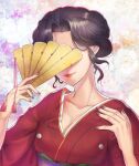  1girl black_hair breasts chairwoman_(clamp_gakuen_tanteidan) clamp_gakuen_tanteidan cleavage collarbone commentary commission covering_eyes curly_hair floral_background folding_fan hand_fan hand_on_own_chest holding japanese_clothes kimono light_smile medara medium_breasts multicolored_background red_kimono red_lips second-party_source skeb_commission 