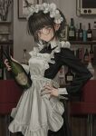  1girl :| absurdres air_conditioner alcohol apron black_hair black_nails blush breasts closed_mouth collared_dress cowboy_shot dress frilled_apron frills glasses green_eyes hand_on_hip highres holding indoors maid_apron maid_headdress medium_breasts nadegata original picture_frame plant short_hair solo standing stool vase vodka waitress wine 