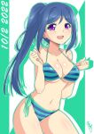 1girl absurdres bangs bikini birthday blue_hair blush breasts bunji cleavage collarbone dated green_background high_ponytail highres large_breasts looking_at_viewer love_live! love_live!_sunshine!! matsuura_kanan ponytail purple_eyes shiny shiny_hair shiny_skin sidelocks signature smile solo striped striped_bikini swimsuit symbol-only_commentary two-tone_background white_background 
