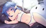  1girl ;o bangs bed blue_eyes blue_hair blush bow bow_panties bra commentary_request commission day detached_wings eyebrows_visible_through_hair flat_chest highres indoors looking_at_viewer lying on_side one_eye_closed original panties parted_lips pillow pointy_ears sakuraba_hikaru_(loveindog) signature skeb_commission solo stuffed_animal stuffed_bunny stuffed_toy transparent_wings underwear underwear_only white_bra white_panties window wings 