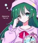  1girl bangs capelet clock closed_mouth collarbone commentary_request dress eyebrows_visible_through_hair eyelashes frilled_capelet frills green_hair hat kazami_yuuka kazami_yuuka_(pc-98) kumeri0804 long_hair long_sleeves nightcap nightgown one_eye_closed pajamas pink_capelet pink_dress pink_headwear pink_nightgown pink_pajamas purple_background rubbing_eyes simple_background sleepwear sleepy touhou touhou_(pc-98) very_long_hair 