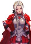  1girl aduti_momoyama alternate_costume alternate_hairstyle armor breastplate cape edelgard_von_hresvelg fire_emblem fire_emblem:_three_houses fire_emblem_warriors fire_emblem_warriors:_three_hopes gloves hair_ornament hair_ribbon highres long_hair looking_at_viewer official_alternate_costume official_alternate_hairstyle purple_eyes red_cape ribbon simple_background white_hair 