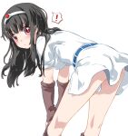  ! 1girl ass black_hair blush breasts circlet closed_mouth dress druaga_no_tou elbow_gloves fingerless_gloves gloves ki_(druaga) long_hair looking_at_viewer noto_(soranoto) red_eyes simple_background solo thighhighs white_background 