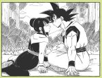  1boy 1girl arm_support bangs bare_arms black_dress black_eyes black_hair blunt_bangs border bracelet bush chi-chi_(dragon_ball) chi_(cmon_57) closed_mouth cloud cloudy_sky couple crossed_legs dougi dragon_ball dragon_ball_z dress expressionless eye_contact eyelashes face-to-face fingernails forest grass green_border greyscale hair_bun hand_on_another&#039;s_knee hetero jewelry looking_at_another monochrome mountain muscular muscular_male nature neckerchief obi on_ground outdoors profile sash shoe_soles side-by-side side_slit sidelocks sitting sky smile son_goku spiked_hair tree wristband 