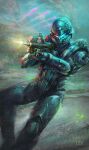  1boy absurdres aiming battle_rifle br55 bullpup crystal djbshadow english_commentary firing gun halo_(series) halo_5:_guardians helmet highres jameson_locke leaning_back male_focus photoshop_(medium) power_armor rifle science_fiction sky solo spartan_(halo) weapon 