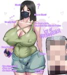  1girl black_hair breasts indie_virtual_youtuber large_breasts long_hair looking_at_viewer mask mouth_mask nimu_(vtuber) nipples puffy_nipples real_life real_life_insert see-through short_shorts shorts solo_focus spanish_text tank_top user_mjew8233 