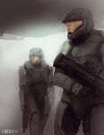  2others ambiguous_gender anthony_scroggins_(shimmering_sword) assault_rifle bullpup completion_time english_commentary grey_theme gun halo_(series) holding holding_gun holding_weapon looking_ahead looking_to_the_side ma5 multiple_others power_armor rifle science_fiction scope sketch spartan_(halo) visor weapon 