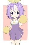  1girl absurdres bangs bare_arms bare_shoulders blush_stickers breasts brown_background cheerleader closed_mouth commentary_request dress eyebrows_visible_through_hair feet_out_of_frame hair_ribbon highres hiiragi_tsukasa looking_at_viewer lucky_star medium_breasts pleated_dress pom_pom_(cheerleading) purple_dress purple_eyes purple_hair ribbon rururu_(pyrk8855) sleeveless sleeveless_dress smile solo standing thighs two-tone_background white_background yellow_ribbon 