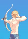  1boy absurdres ahoge aiming arrow_(projectile) blonde_hair bow_(weapon) earrings from_behind highres jewelry kariki_hajime link male_focus muscular muscular_male pointy_ears ponytail signature simple_background solo the_legend_of_zelda the_legend_of_zelda:_breath_of_the_wild topless_male weapon 