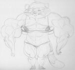  4_fingers abs anthro bikini clothing eyes_closed female fingers harvey_beaks harvey_beaks_(series) looking_down mammal meryl_(harvey_beaks) monochrome muscular muscular_anthro muscular_female procyonid raccoon sbshouseofpancakes sharp_teeth sketch standing swimwear teeth traditional_media_(artwork) 