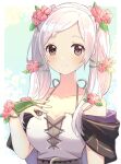  1girl bare_shoulders blush breasts bridal_gauntlets brown_eyes cleavage collarbone dress eyebrows_visible_through_hair fire_emblem fire_emblem_awakening fire_emblem_heroes flower gloves hair_flower hair_ornament highres looking_at_viewer medium_breasts official_alternate_costume puni_y_y robin_(fire_emblem) robin_(fire_emblem)_(female) sleeveless sleeveless_dress smile solo twintails upper_body white_hair 