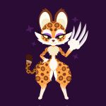  anthro clawroline claws digital_drawing_(artwork) digital_media_(artwork) eyeliner felid female hand_on_hip hi_res kirby_(series) kirby_and_the_forgotten_land leopard long_claws looking_at_viewer makeup mammal naycelium nintendo pantherine purple_background sharp_claws simple_background smile solo standing thick_thighs video_games wide_hips yellow_eyes 
