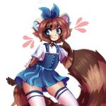  1girl :3 anakoluth blue_eyes blush brown_hair closed_mouth eyebrows_visible_through_hair furry furry_female highres looking_at_viewer original overall_skirt red_panda_ears red_panda_girl red_panda_tail short_hair smile solo thighhighs white_legwear 