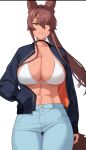  1girl abs animal_ears arm_at_side black_choker bra breasts brown_eyes brown_hair buttons choker denim feet_out_of_frame franham hair_between_eyes hand_in_pocket highres jacket jeans large_breasts long_hair looking_at_viewer muscular muscular_female navel open_clothes open_jacket open_mouth original pants parted_lips pocket ponytail sidelocks simple_background solo standing stomach teeth thigh_gap underboob underwear white_background white_bra 