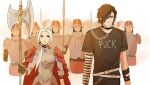  armor axe bags_under_eyes black_hair black_shirt edelgard_von_hresvelg fire_emblem fire_emblem:_three_houses fire_emblem_warriors:_three_hopes hair_over_one_eye highres hubert_von_vestra looking_at_viewer norue parody polearm serious shirt silver_hair spear upper_body weapon 