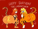  absurd_res anthro big_butt blonde_hair butt duo english_text felid female hair hi_res huge_butt jinu looking_back mammal nude pantherine red_background simple_background text tiger twerking 