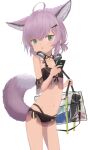  1girl :o ahoge animal_ear_fluff animal_ears arknights bag bangs bikini black_bikini blue_eyes cellphone commentary_request eyebrows_behind_hair fox_ears fox_girl fox_tail hair_between_eyes hair_ornament hairclip headphones headphones_around_neck highres holding holding_phone izumo_(ton_63) looking_at_viewer navel parted_lips phone purple_hair see-through simple_background solo sussurro_(arknights) sussurro_(summer_flowers)_(arknights) swimsuit tail transparent white_background x_hair_ornament 