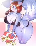  absurd_res anthro big_breasts bikini blush breasts brown_hair canid canine clothing female fox gift hair hee-na hi_res huge_breasts kantan mammal purple_body smile solo standing swimwear thick_thighs yellow_eyes 