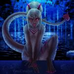  absurd_res circle_eyebrows clawed_feet clawed_fingers clawed_toes demon dripping_wet eyebrows female feralcatalyst hair hi_res hindfeet hindpaw horn humanoid looking_at_viewer monodog_(artist) night noxia paws pink_eyes pink_hair ponytail pupils reflection slim slit_pupils solo spade_tail stripes water wet wet_body white_hair 