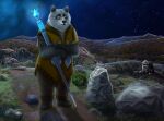  absurd_res anthro cloak clothing eyewear feralcatalyst footwear giant_panda glasses hi_res looking_at_viewer magic_staff male mammal monodog_(artist) night sandals solo ursid 