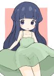  1girl :d absurdres bangs bare_arms bare_shoulders black_hair blush_stickers brown_background collarbone commentary_request dress eyebrows_visible_through_hair furude_rika green_dress highres higurashi_no_naku_koro_ni long_hair looking_at_viewer purple_eyes rururu_(pyrk8855) sleeveless sleeveless_dress smile solo two-tone_background very_long_hair white_background 