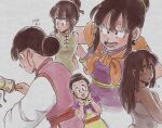  1girl anger_vein angry arms_at_sides bangs bare_arms black_hair blunt_bangs bracelet breasts chi-chi_(dragon_ball) chi_(cmon_57) china_dress chinese_clothes cropped_torso dragon_ball dragon_ball_z dress earrings eyelashes facing_away fingernails floral_print furrowed_brow green_dress grey_background hair_bun hair_down hair_slicked_back hair_strand hand_up hands_on_hips hands_on_own_cheeks hands_on_own_chest hands_on_own_face highres jewelry light_blush long_hair long_sleeves looking_back medium_breasts multiple_views muted_color naked_towel neckerchief obi orange_neckerchief parted_lips pink_dress profile purple_dress purple_neckerchief rattle red_sash sash shy side_slit sidelocks simple_background sleeveless sleeveless_dress smile tassel_hair_ornament towel upper_body v-shaped_eyebrows yellow_dress younger 