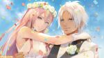  1boy 1girl alphen_(tales) bangs bare_shoulders blue_eyes breasts bridal_veil bride carrying couple dark-skinned_male dark_skin dress flower formal gloves hair_between_eyes hair_ornament iwamoto_minoru lifted_by_another long_hair looking_at_viewer medium_breasts official_art pink_hair princess_carry shionne_(tales) sidelocks silver_hair smile suit tales_of_(series) tales_of_arise veil very_long_hair vest wedding wedding_dress white_dress 