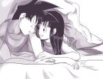  1boy 1girl arm_support bed bed_sheet black_eyes black_hair chi-chi_(dragon_ball) chi_(cmon_57) collarbone couple dragon_ball eye_contact eyelashes face-to-face fingernails greyscale hair_down hand_on_another&#039;s_arm hand_on_another&#039;s_shoulder happy hetero long_hair looking_at_another lying monochrome muscular muscular_male on_bed on_stomach open_mouth profile shade simple_background sleepwear smile son_goku spiked_hair tank_top under_covers white_background 