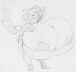  anthro big_nipples breasts eyes_closed female harvey_beaks harvey_beaks_(series) head_tuft hyper long_tail mammal mature_female meryl_(harvey_beaks) monochrome nipples procyonid raccoon sbshouseofpancakes solo standing teeth tuft 