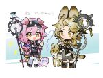  2girls :3 :d animal animal_ear_fluff animal_ears arknights artist_request bangs black_footwear black_gloves black_hairband black_jacket black_skirt blue_bow bow braid brown_eyes brown_hair cat cat_ears cat_girl cat_tail chain character_request closed_mouth commentary_request eyebrows_visible_through_hair garter_straps gloves goldenglow_(arknights) grey_pants hair_between_eyes hair_bow hair_ornament hair_over_shoulder hairband hairclip holding holding_staff jacket long_sleeves multiple_girls open_clothes open_jacket pants pink_hair puffy_long_sleeves puffy_pants puffy_sleeves purple_footwear quercus_(arknights) serval shirt shoes short_eyebrows single_braid skirt smile staff tail thick_eyebrows thighhighs translation_request white_legwear white_shirt 