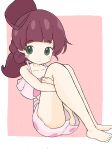  1girl absurdres bangs bare_arms bare_legs bare_shoulders barefoot bikini blush_stickers breasts brown_background brown_hair chloe_(pokemon) cleavage closed_mouth collarbone commentary_request eyebrows_visible_through_hair green_eyes highres hugging_own_legs long_hair looking_at_viewer pink_bikini pink_shorts pokemon pokemon_(anime) pokemon_swsh_(anime) rururu_(pyrk8855) short_shorts shorts smile solo swimsuit two-tone_background white_background 