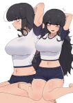  1girl :d arms_behind_head bags_under_eyes bangs barefoot black_hair blush breasts commentary_request eyebrows_visible_through_hair flying_sweatdrops highres korean_commentary long_hair looking_at_viewer midriff multiple_views nakta navel red_eyes shorts sitting smile wariza 