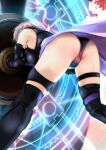  1girl ass bare_shoulders bent_over black_legwear boots elbow_gloves fate/grand_order fate_(series) from_behind gloves mash_kyrielight pink_hair purple_hair shield short_hair skindentation solo takamaru_(akisora_drawing) thigh_strap thighhighs thighhighs_under_boots weapon 
