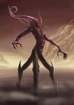  alien black_skin claws cloud colored_skin creature creature_and_personification erkanerturk fog highres horrified horror_(theme) m_legs monster no_eyes open_mouth original red_sky sky tentacles 