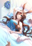  1girl ;o alternate_costume alternate_hairstyle amiya_(arknights) animal animal_ears arknights arm_up artist_name bare_arms bare_shoulders bed_sheet blanket blue_eyes breasts brown_hair bunny camisole cleavage collarbone curtains day gogatsu_fukuin hair_down hand_on_forehead highres indoors jewelry long_hair looking_at_viewer lying medium_breasts multiple_rings navel on_back on_bed one_eye_closed parted_lips pillow rabbit_ears ring solo stuffed_animal stuffed_bunny stuffed_toy sunlight under_covers vase very_long_hair waking_up web_address 
