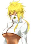  1girl arrancar bleach blonde_hair breasts dark-skinned_female dark_skin green_eyes high_collar highres large_breasts looking_at_viewer short_hair_with_long_locks shrug_(clothing) simple_background solo starscream-tf tier_harribel underboob upper_body white_background 